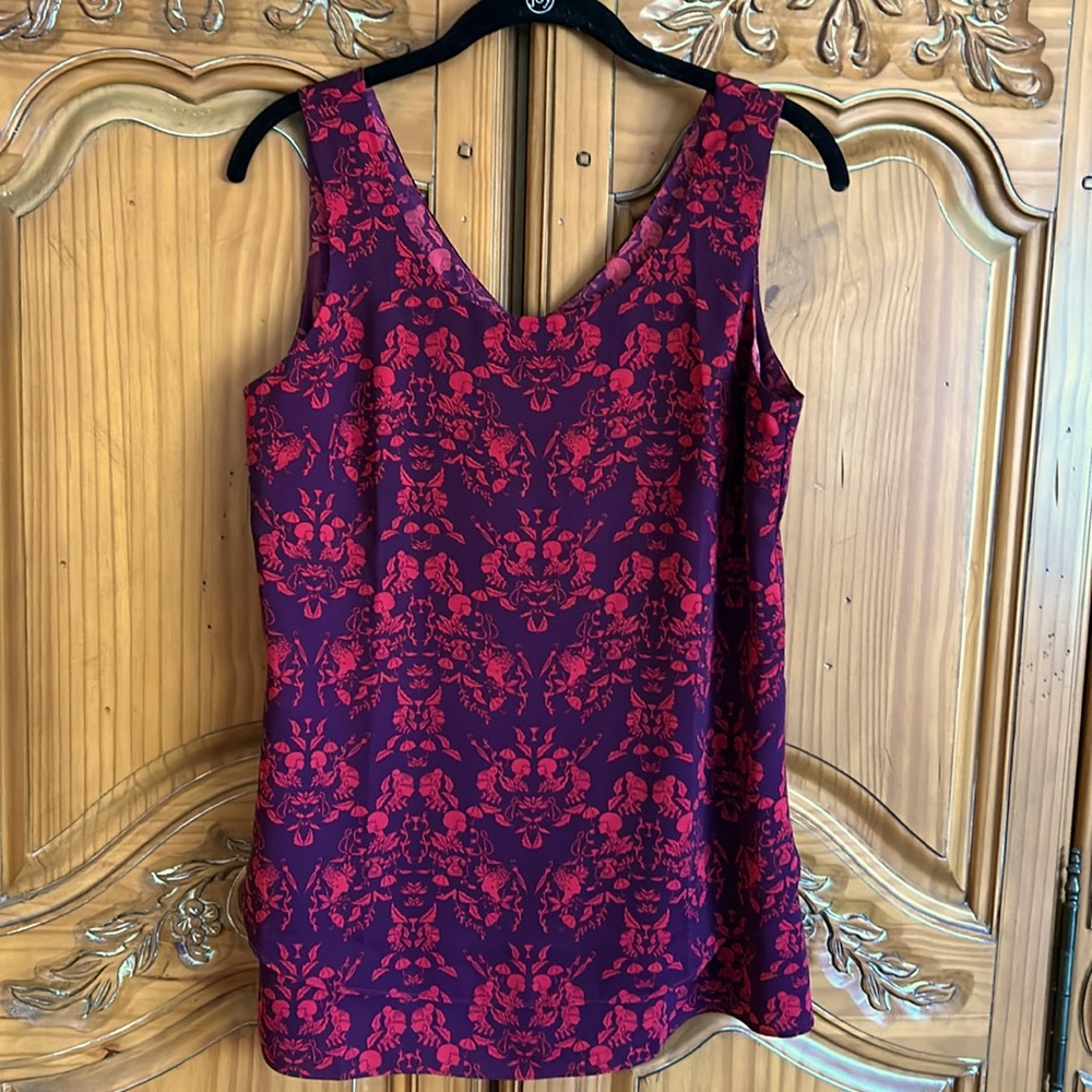 Purple and red CAbi Cameo faux split back blouse